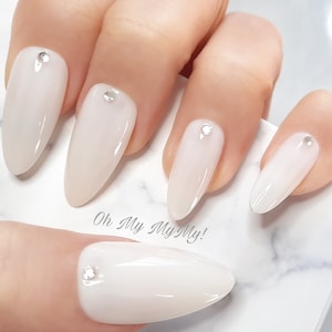 MILKY JELLY WHITE Nails Set| Rhinestones Nails|Press On Nail|Hand painted| Custom Gel nail|Plain solid color nail|Glue On Nail| Gift for her