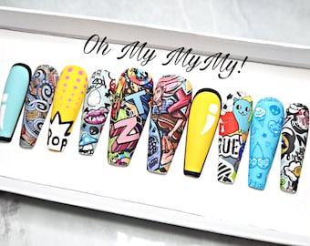 POP ART Press-on Nails| Comic Pow Nails| Summer Fake Nails| Glue on nails| False nails| Festival Nail| Hand painted|Custom Nail|Gift for her