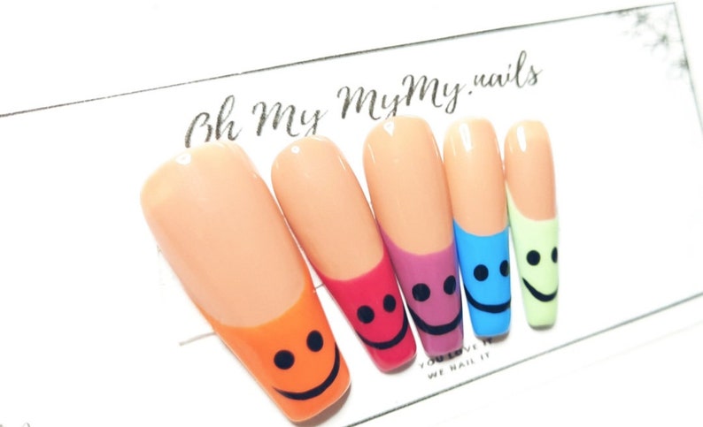 SMILEY Nails Set Happy face press on nails Solid Color Nail French tip nails Luxury Press On Nail Rainbow Nail Gift for her image 3