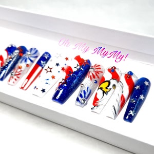 4TH OF JULY Press-on nails Memorial False nailsStripes Patriotic fake nail Star USA American Flag Summer NailHand paintedGift for her image 5