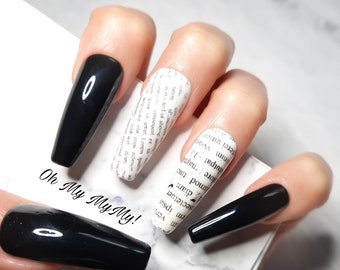 BLACK NEWSPAPER Nails Set| White Black Nails| Word Nails|Paper Nails| Luxury Press On Nails| Custom Gel Polish| Glue On Nails| Gift for her