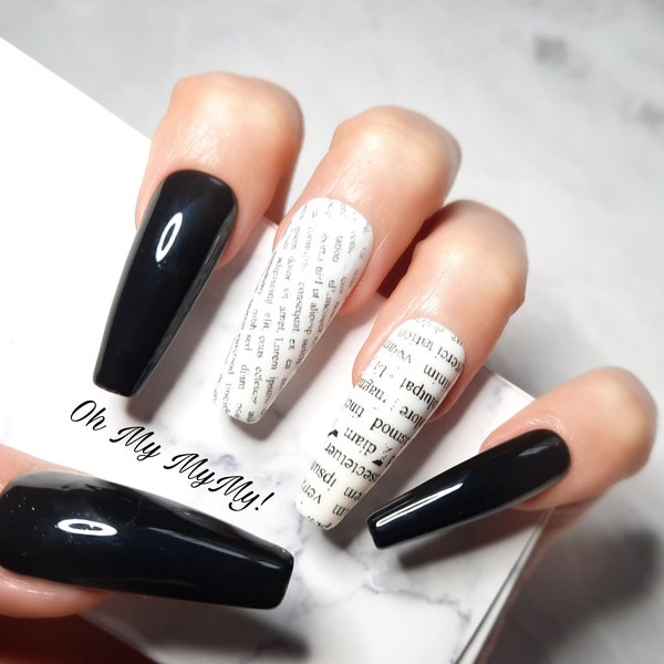 BLACK NEWSPAPER Nails Set| White Black Nails| Word Nails|Paper Nails| Luxury Press On Nails| Custom Gel Polish| Glue On Nails| Gift for her