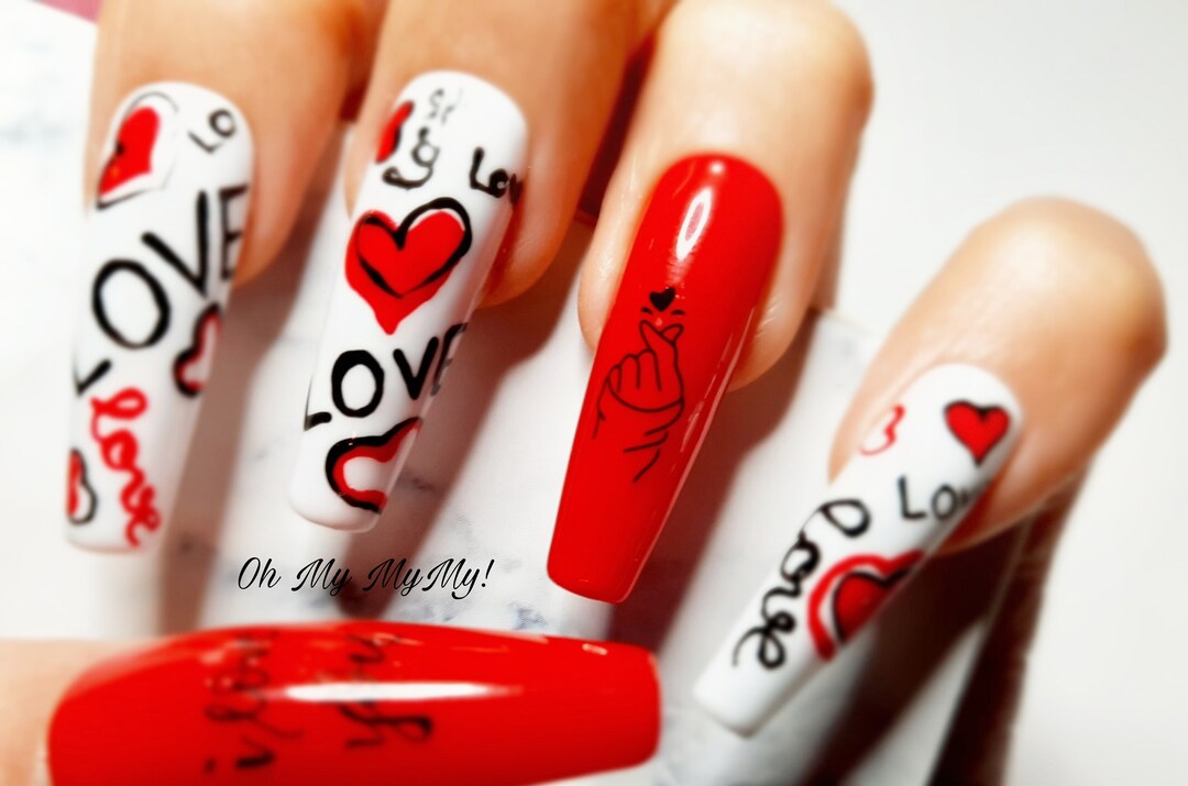 LOVE YOU Press on Nails Set Red Valentine Nail Hand Painted False Nail