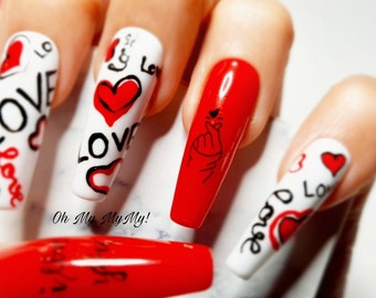 LOVE YOU Press on nails Set| Red Valentine nail| Hand painted false nail| Fake Nails| Custom Gel Polish nail| Glue On Nail Art| Gift for her