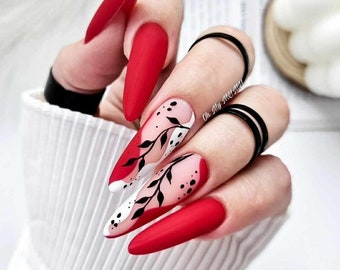 MATTE RED LEAVES Press on nails| Dotty Black nail| Abstract summer false nail| Custom Gel spring fake nail| Glue On Nail| Gift for her