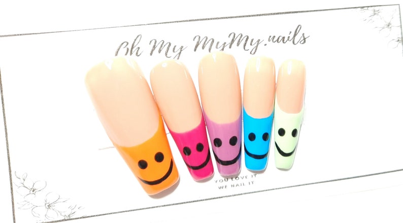 SMILEY Nails Set Happy face press on nails Solid Color Nail French tip nails Luxury Press On Nail Rainbow Nail Gift for her image 1
