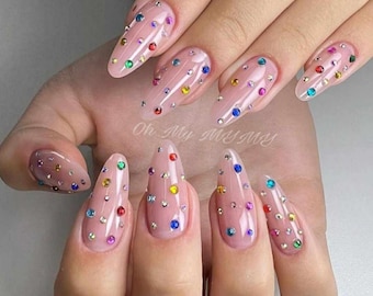 RHINESTONES Press on nails| Spring Nails| Valentine nail| Colorful false nail| Fake Nails| Transparent nail| Glue On Nail Art| Gift for her