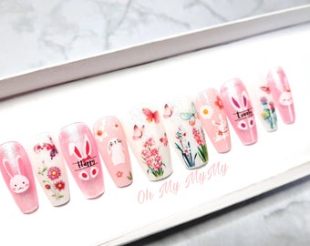 SHIMMER EASTER BUNNY Press on nails| Pink False Nails| Spring Fake Nails| Milky White Nail| Custom Flowers nails|Glue On Nail |Gift for her