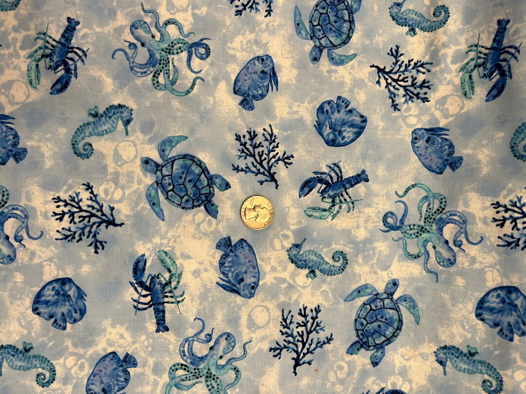 Sea Turtle, Sea Horses, Octopus and Other Sea Life 100% Cotton Fabric ...