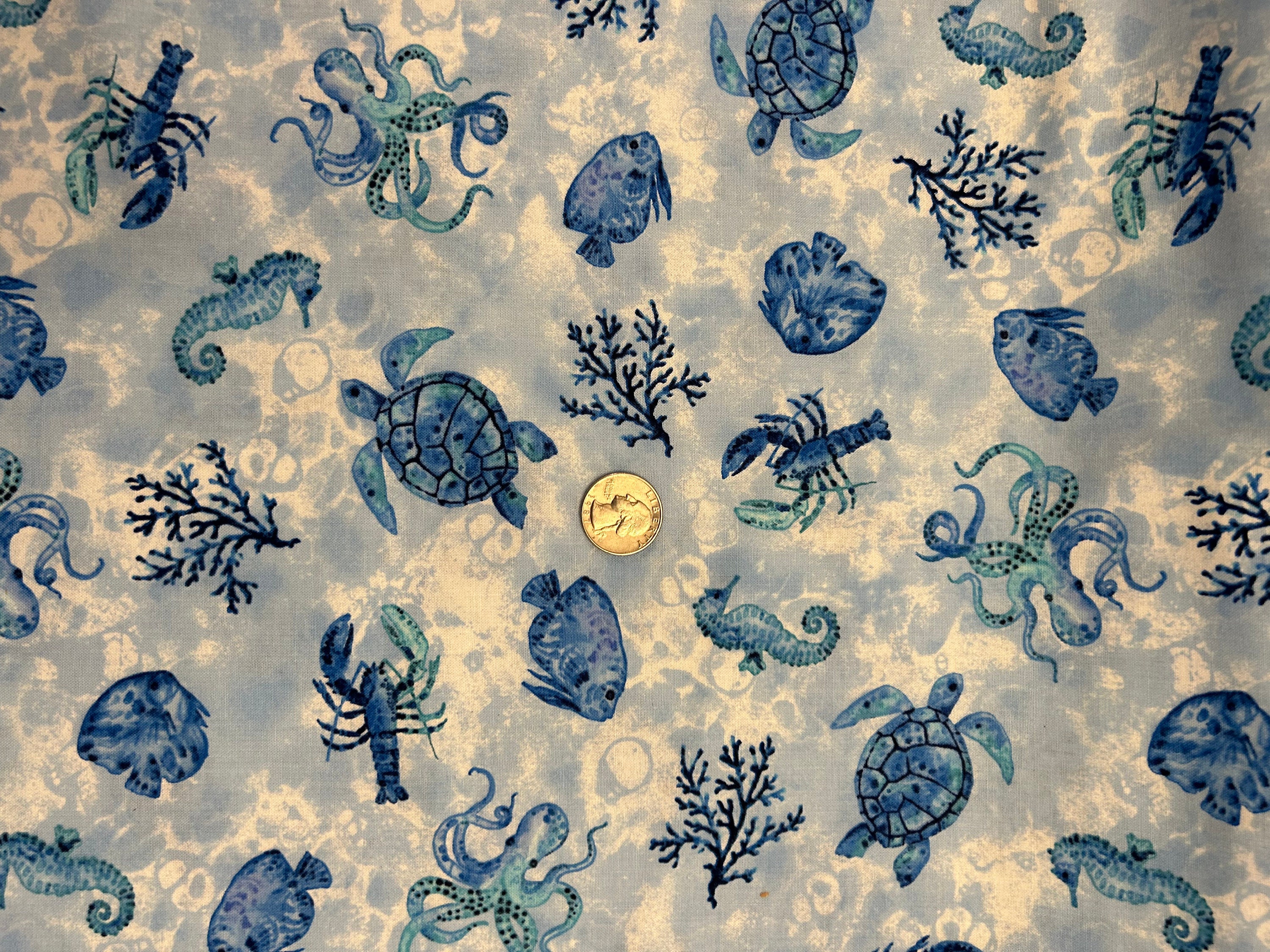 Sea Turtle, Sea Horses, Octopus and Other Sea Life 100% Cotton Fabric ...