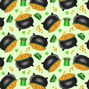 St. Patrick&#39;s Day Pots of Gold on Green by Henry 100% Cotton FREE SHIPPING