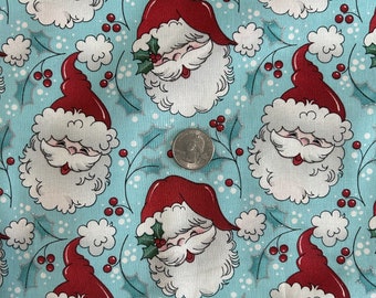 Santa Faces Tossed on blue background 100% Cotton FREE SHIPPING