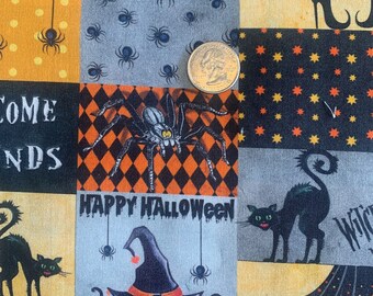 May include: A colorful fabric with a patchwork design featuring Halloween-themed images. The fabric includes images of witches, spiders, cats, pumpkins, and the text "Witches", "Come NDS", "Happy Halloween", and "Halloween".