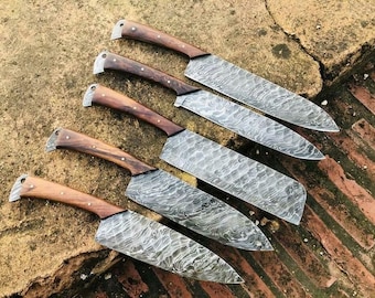 Handmade Forged steel chef set of 5 knives, Beautiful custom gift for birthday, wedding, anniversary, Hand forged steel rose wood handle.