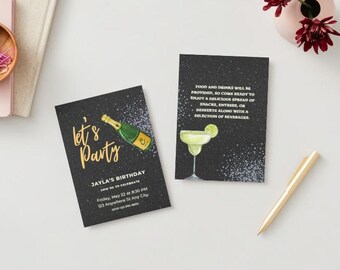 May include: Black and gold party invitation with a champagne bottle popping and the text "Let's Party". The invitation includes the text "Jayla's Birthday" and details for the party, including the date, time, and location.