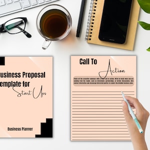 May include: A peach-colored business proposal template for startups with black accents and the text "Business Proposal Template for Start Ups" and "Business Planner". The second page is a call to action page with the text "Call To Action" and lined paper for writing.