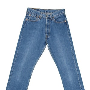 Retro 1990s Pants: Late 90s -Levis 501s- Mens dark blue cotton denim jeans  with button fly closure. Five pocket style with front scoop pockets with  single coin pocket and two rear patch