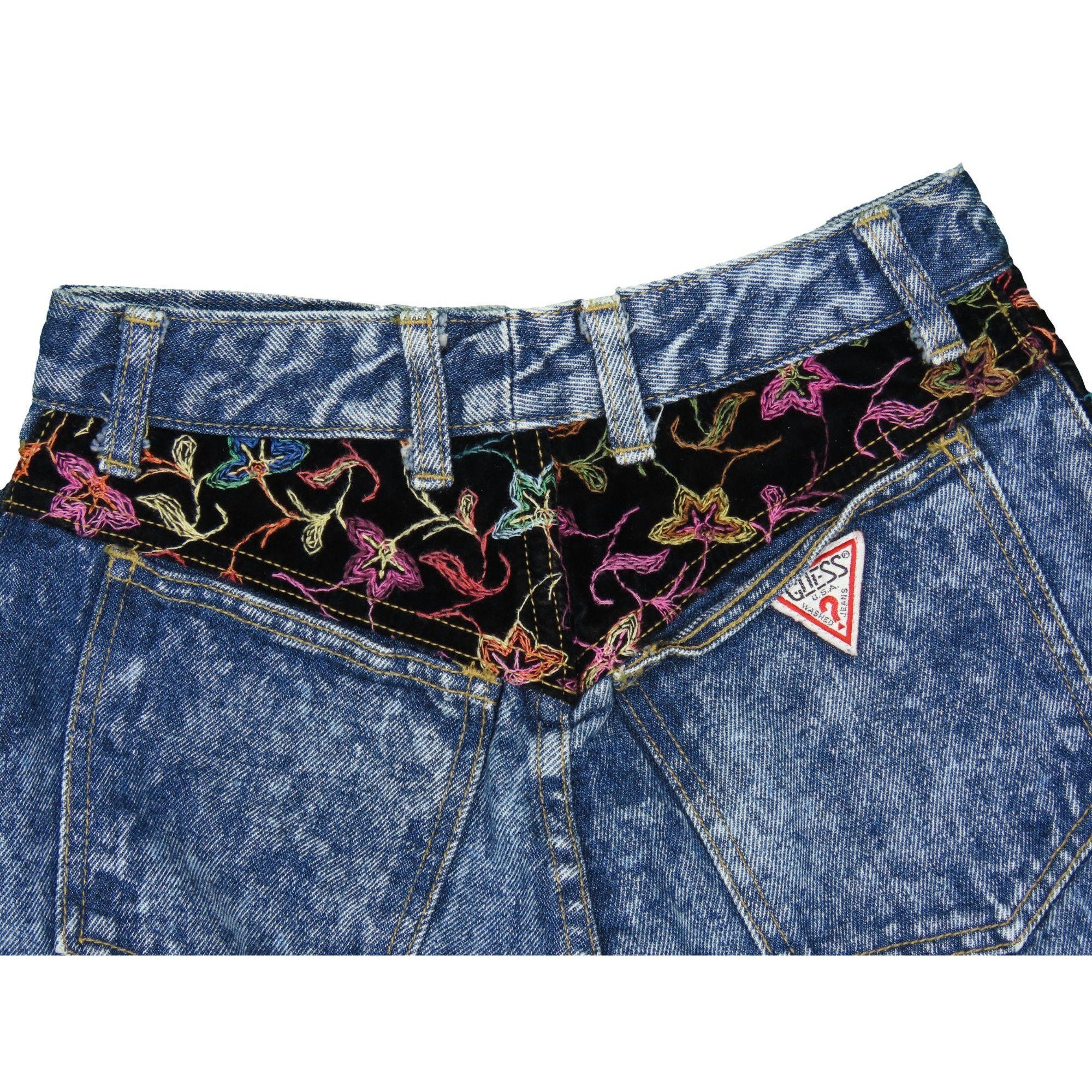 1980s Vintage Guess Acid Wash Floral Embroidered Panel Jeans 24x27