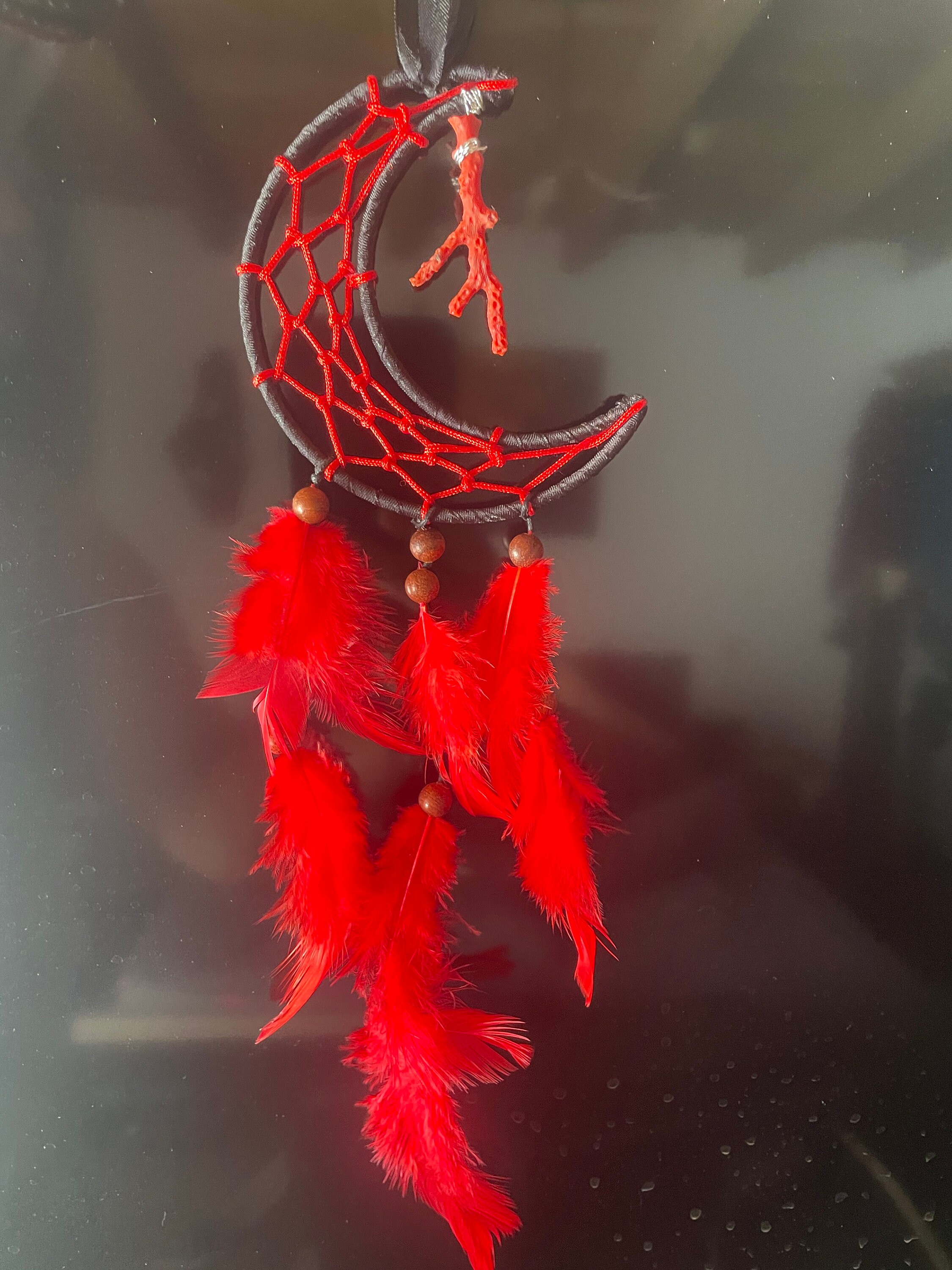 Attrape Rêve Lune et Branche de Corail Rouge Méditerranée