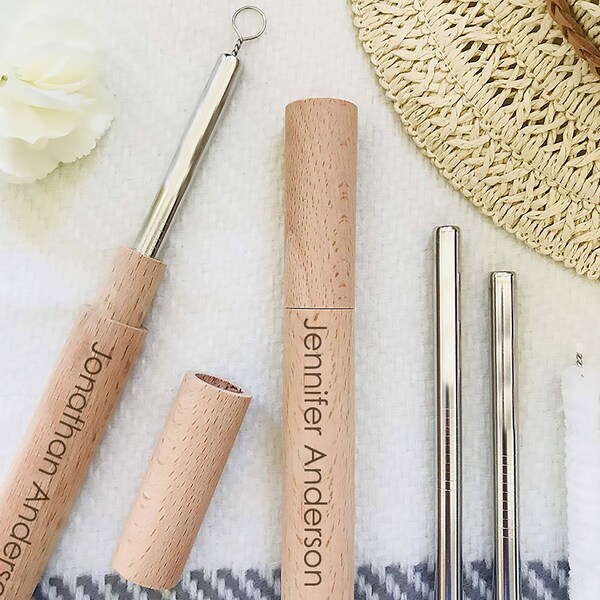 Reusable Stainless Steel Drinking Straw w/ Personalized Wooden Case