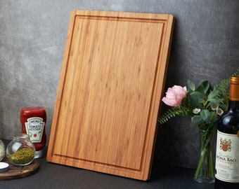 Personalized PREMIUM Bamboo Wood Cutting Board, Large 18" with Side Handles and Juice Grooves