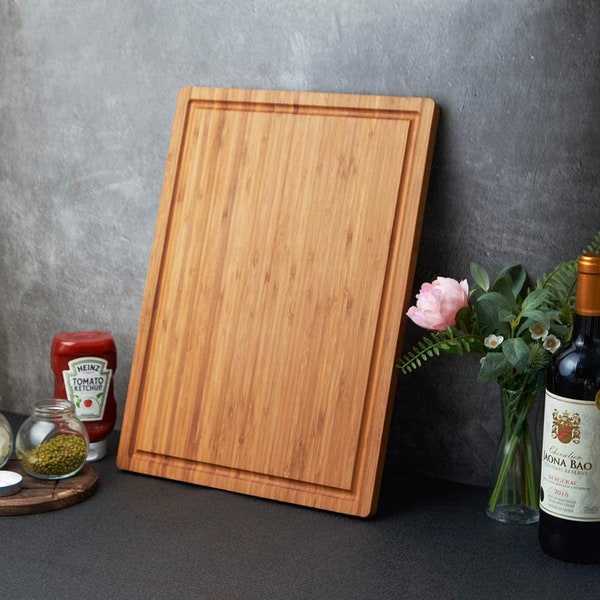 Personalized PREMIUM Bamboo Wood Cutting Board, Large 18" with Side Handles and Juice Grooves