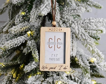 Engraved Wood Photo Ornament: First Christmas Married Gift