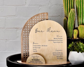 Wedding Bar Menu Sign, Custom Engraved Cocktail Menu, Open Bar Sign, Mimosa Bar Sign, Arch Wood Sign, Rattan, Wave and Diamond Pattern