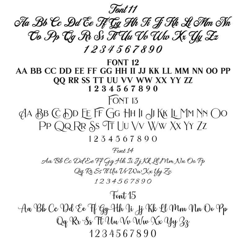 May include: A white sheet of paper with four different fonts displayed. The fonts are labeled Font 11, Font 12, Font 13, and Font 14. Each font displays the alphabet in lowercase and uppercase letters, as well as the numbers 1 through 9 and 0.