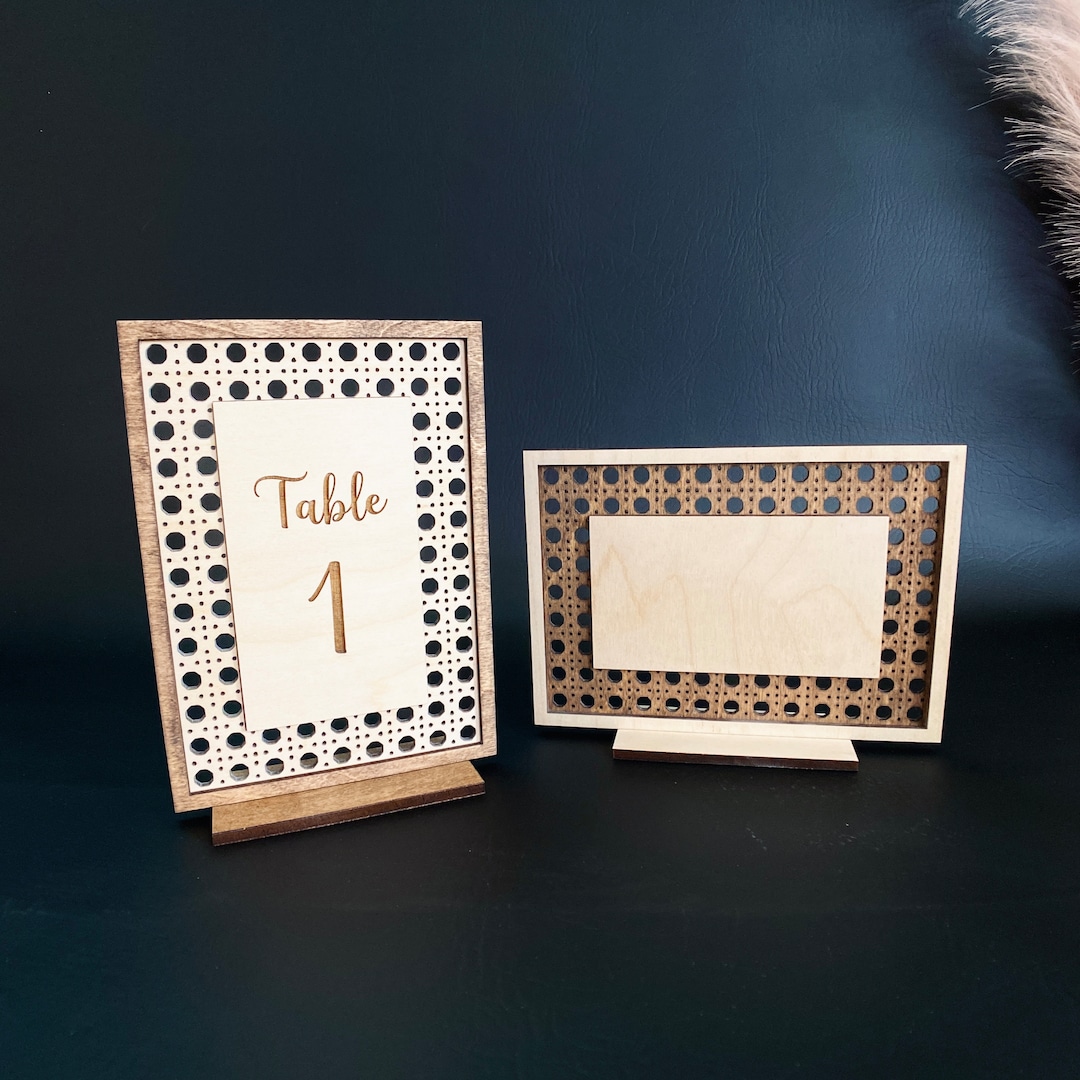 Custom Wooden Standing Sign Wedding Table Numbers Rattan Pattern Sign