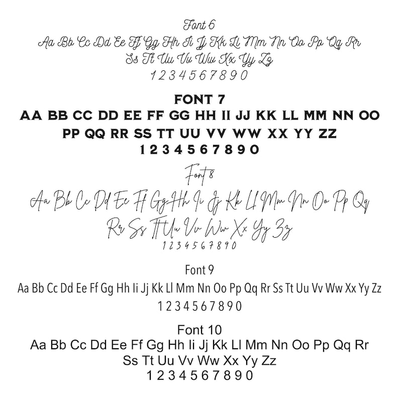 May include: A page with different font styles, showing the alphabet in uppercase and lowercase letters, as well as numbers 1 through 9. The fonts are labeled "Font 6", "Font 7", "Font 8", "Font 9", and "Font 10".