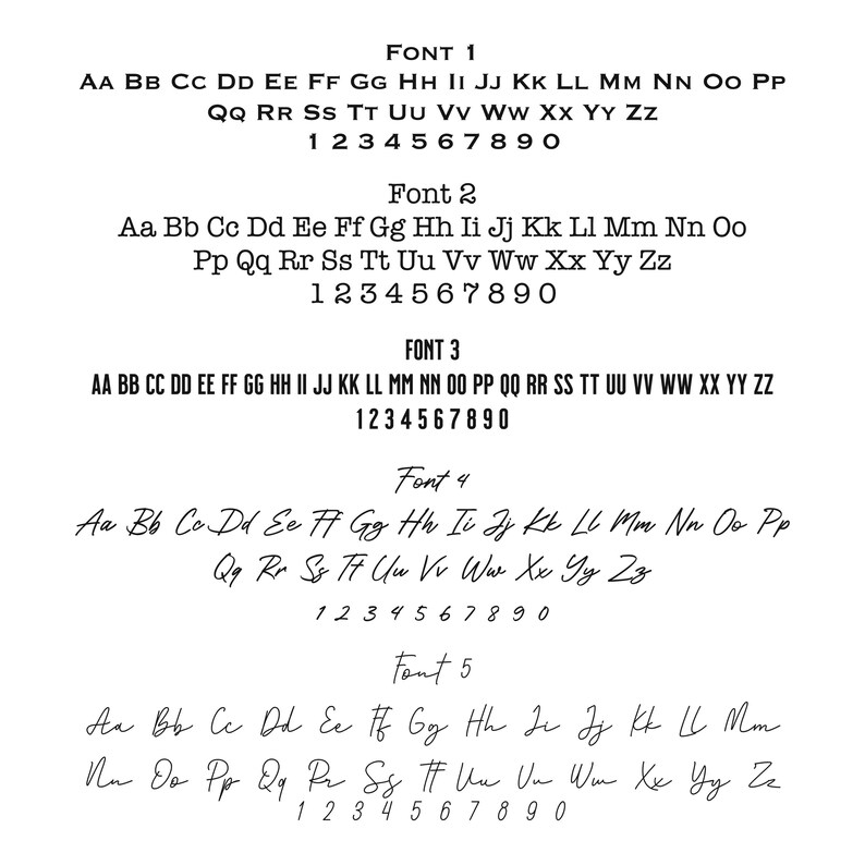 May include: Five different font styles are shown with the alphabet in uppercase and lowercase letters, followed by the numbers 0 through 9. The fonts are all handwritten and have a casual, informal style.