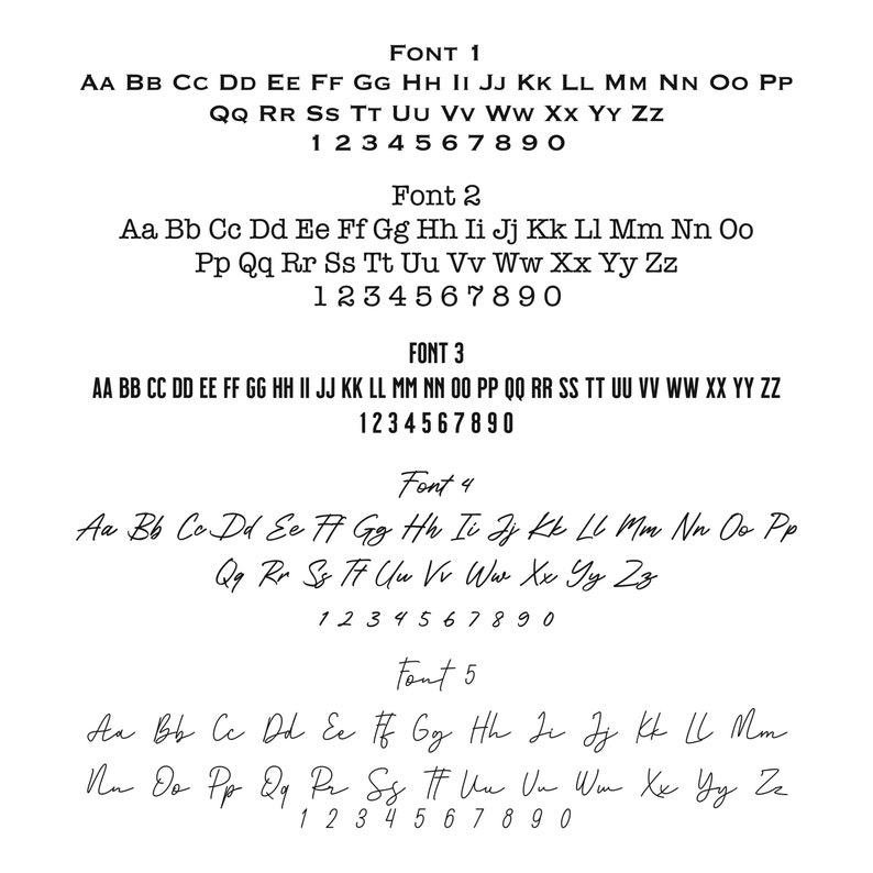 Op de afbeelding: Vijf verschillende lettertypen worden getoond met het alfabet in hoofdletters en kleine letters, samen met de cijfers 0 tot en met 9. De lettertypen zijn gelabeld als "Lettertype 1", "Lettertype 2", "Lettertype 3", "Lettertype 4" en "Lettertype 5".