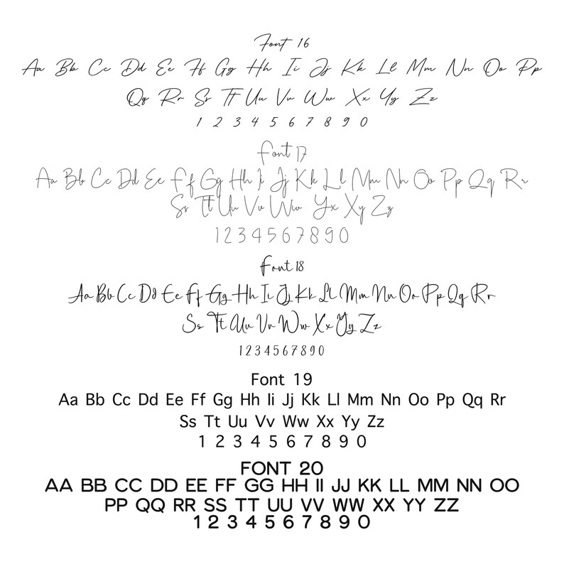 May include: A chart showing different font styles and sizes, with the letters of the alphabet and numbers 0-9 in each font. The fonts range from 16 to 20 points.