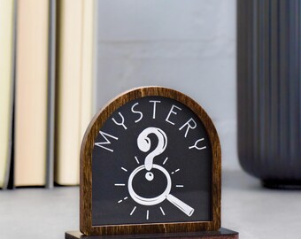 Mystery Book Genre Sign: Laser-Cut Baltic Birch Bookshelf Decor