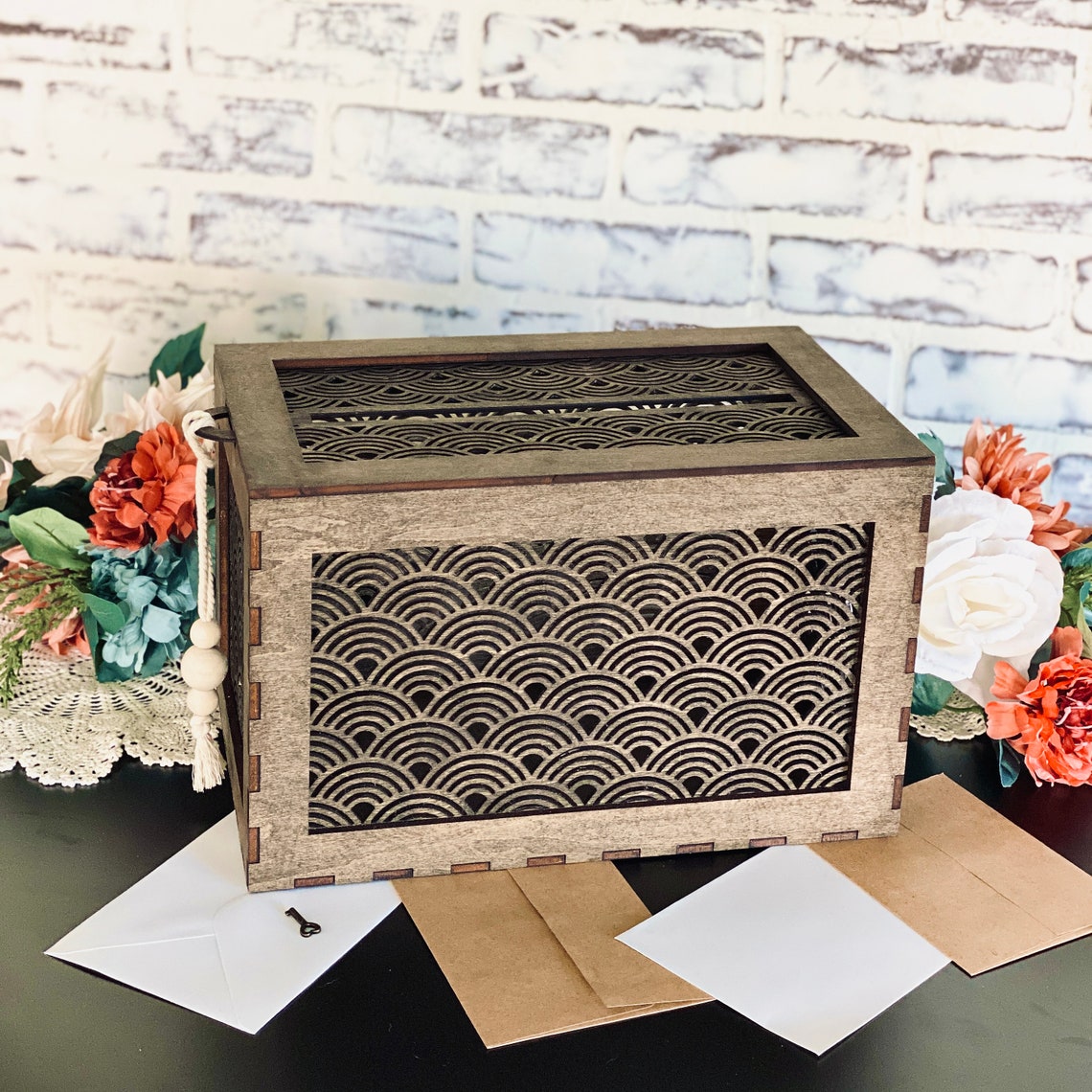 Wooden Wedding Card Box | Japanese Wave Scallop Pattern | Lockable ...