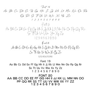 Op de afbeelding: Een grafiek met verschillende lettertypen en -groottes, met het alfabet en cijfers in elke stijl. De lettergroottes zijn 16, 17, 18, 19 en 20.