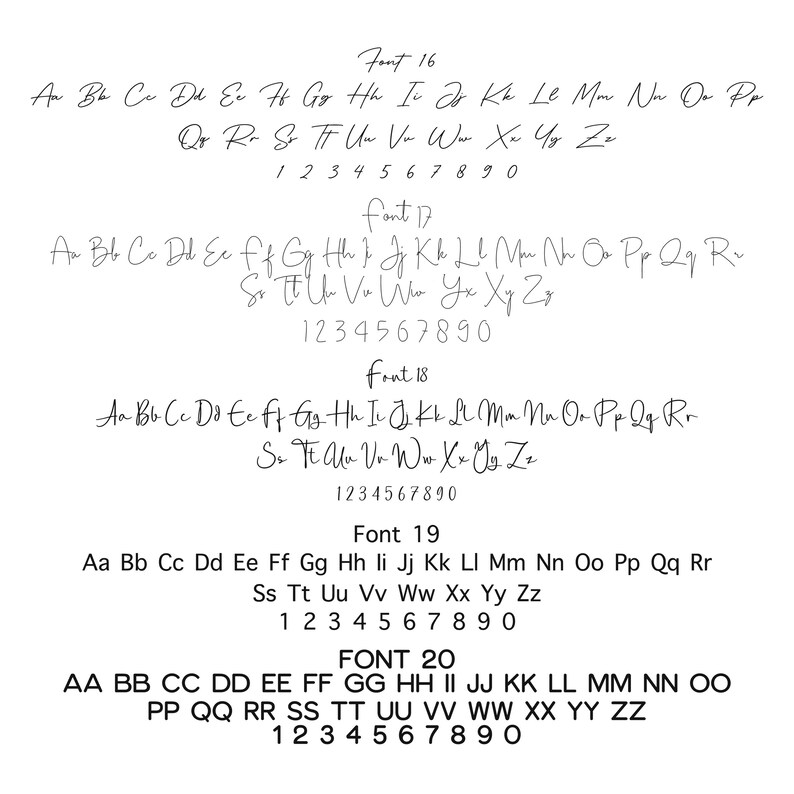 Op de afbeelding: Een grafiek met verschillende lettertypen en -groottes, met het alfabet en cijfers in elke stijl. De lettergroottes zijn 16, 17, 18, 19 en 20.
