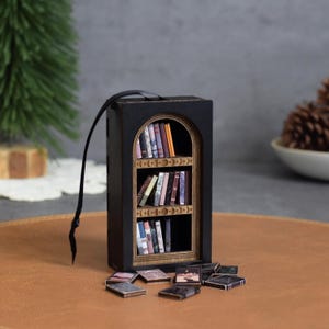 Mini Library Tree Ornament – Handmade Wooden Bookcase with Faux Books | Book Lover Gift Idea | Mini Arched Bookshelf Bookish Decor