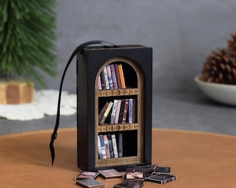 Miniature Library Christmas Ornament: Handmade Wooden Bookcase with Faux Books