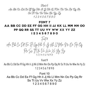 Op de afbeelding: Een pagina met verschillende lettertypen, gelabeld Font 6, Font 7, Fonts, Font 9 en Font 10. Elk lettertype toont het alfabet in kleine en hoofdletters, evenals de cijfers 1 tot en met 9.