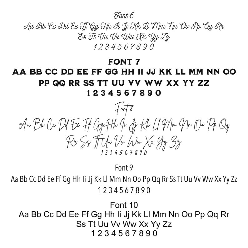 Op de afbeelding: Een pagina met verschillende lettertypen, gelabeld Font 6, Font 7, Fonts, Font 9 en Font 10. Elk lettertype toont het alfabet in kleine en hoofdletters, evenals de cijfers 1 tot en met 9.