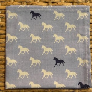 Blue and White Derby Day Horses, Equestrian Pocket Square Made with Soft Cotton Fabric
