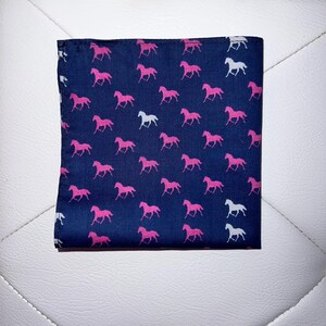 Navy and Pink Derby Day Horses, Equestrian Pocket Square Made with Soft Cotton Fabric