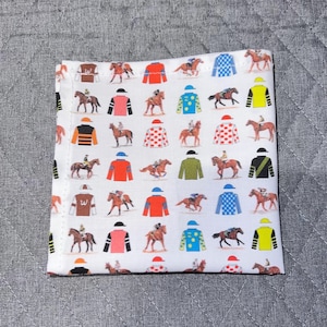 Derby Day Horses, Jockey Silks, Equestrian Pocket Square Made with Soft Cotton Fabric
