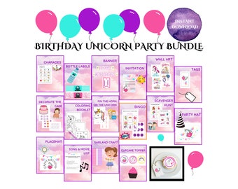 Childrens Unicorn Birthday Party Bundle: 16 Individual Unicorn Birthday Party Supply Printables - Ready to PRINT-A-PARTY At Home Today!