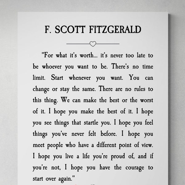 F. Scott Fitzgerald Quote, For What It's Worth, Book Page Quote Wall Art, Canvas Gallery Wraps, Framed And Ready To Hang!