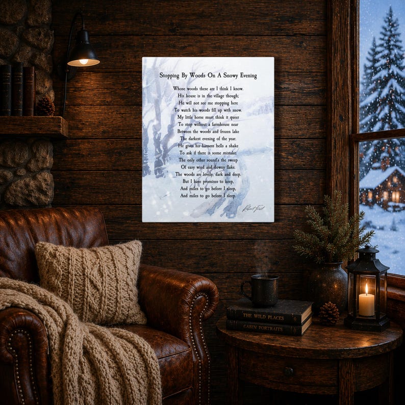 May include: A framed print of the poem "Stopping By Woods On A Snowy Evening" is displayed on a wood-panelled wall. The image features a leather armchair with a knitted throw and cushion, a side table with books, a candle lantern, and a window with a snowy view.