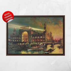 May include: A painting depicting a large, illuminated building with a grand archway, situated on a canal with gondolas and a bridge. The building is lit up at night, with a spotlight shining on it. The scene is reminiscent of a grand event or celebration.