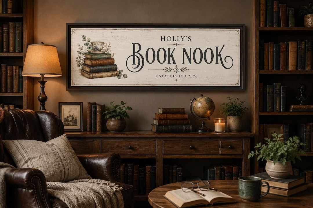 Personalized Book Nook Sign, Custom Library Name Plate Art, Literary ...